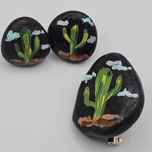 Artisan Folk Art Handpainted Stone Rock Earring Brooch Set Jewelry Black Cactus - Picture 1 of 16